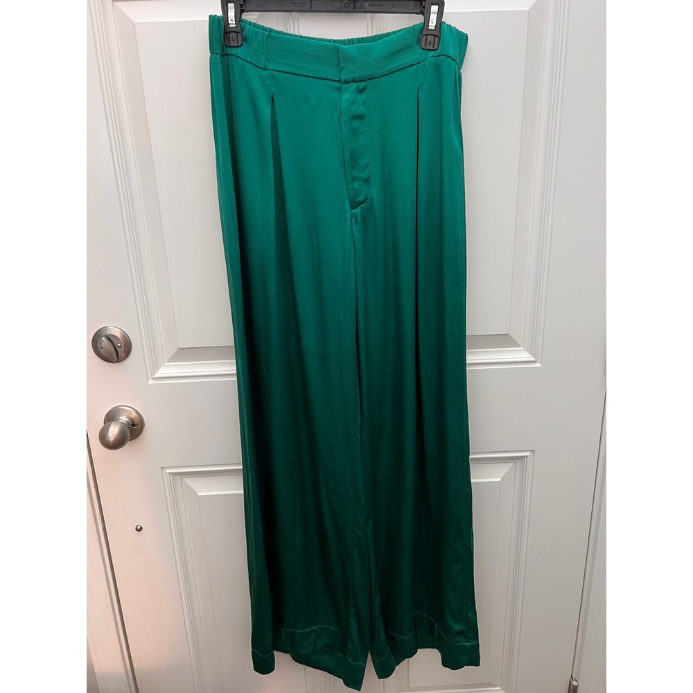 Free People Emerald Green Satin Wide Leg Pleated Trousers Pants Small High Waist
